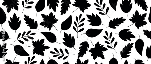 Black and white seamless pattern with autumn leaves.