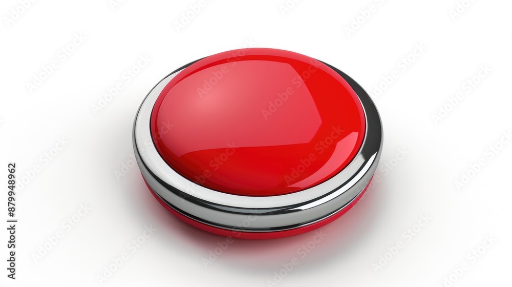 Button Press. Red Round 3D Push Icon with Metallic Border on Isolated White Background Button Press. Red Round 3D Push Icon with Metallic Border on Isolated White Background