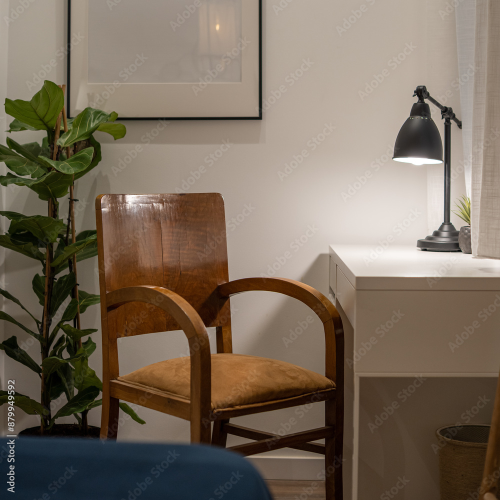 Cozy Home Office Corner With Wooden Chair And Desk Lamp Cozy Home Office Corner With Wooden Chair And Desk Lamp