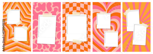 polaroids with tape on a retro patterns multiple star hearts pink orange vertical phone wallpapers