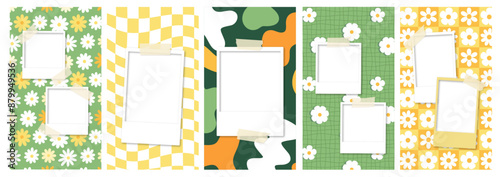 polaroids with tape on a retro patterns multiple green yellow floral yellow vertical phone wallpapers