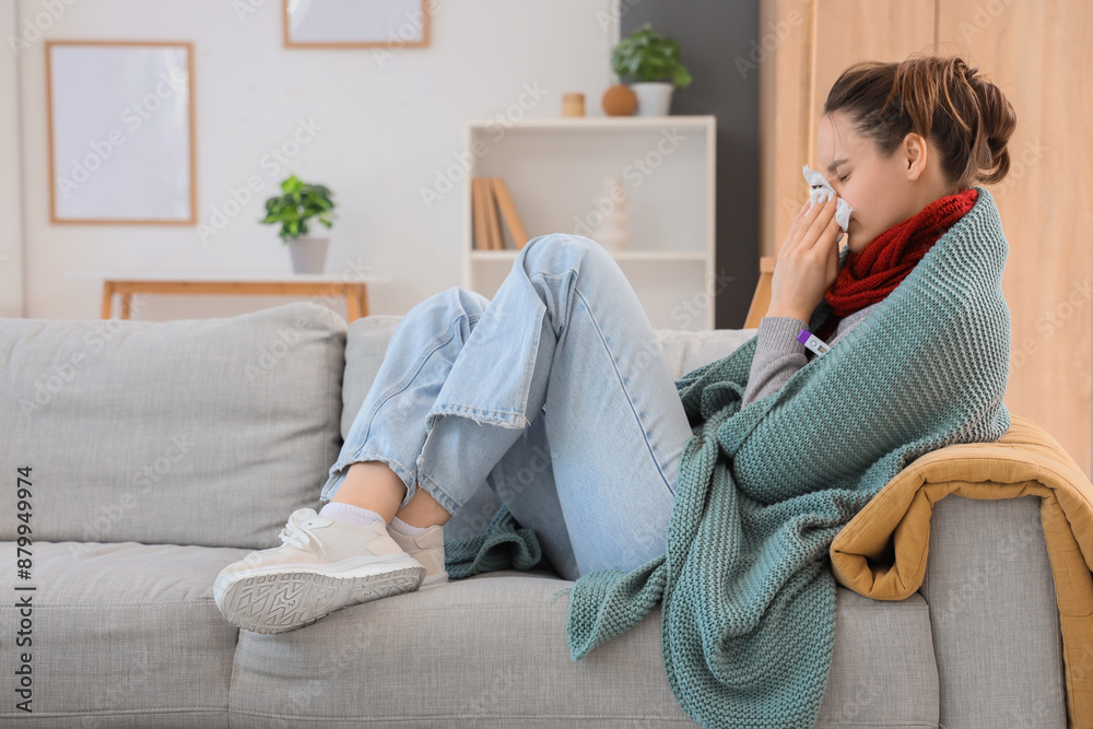 Sick young woman with thermometer and tissue at home