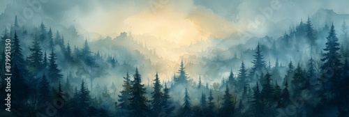 Beautiful watercolor landscape illustration, silhouette of forest on background of mountains