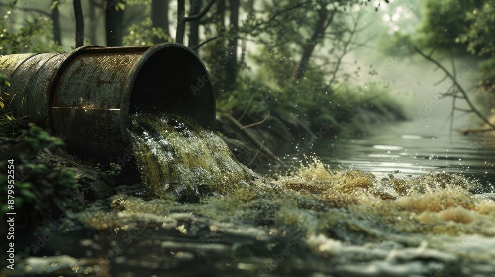 Obraz premium Dirty water wastes discharged through rusty pipe into the river. Pollution and environmental ecology protection concept