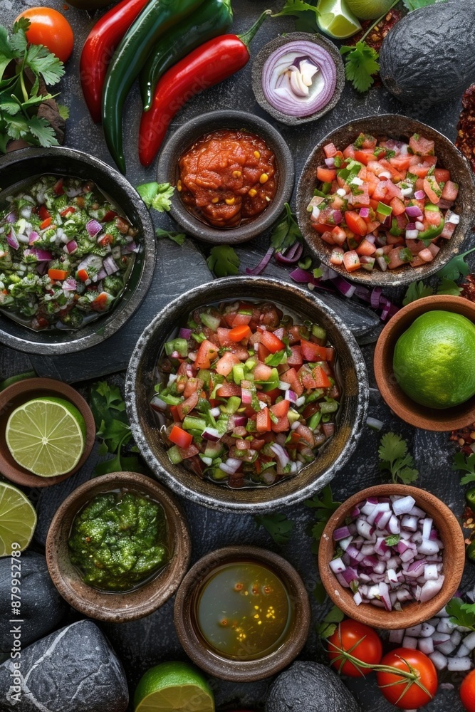 Table with many bowls of food, including bowl of guacamole