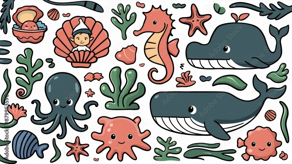 A cartoon sea animal set with a whale, octopus and other creatures, AI A cartoon sea animal set with a whale, octopus and other creatures, AI