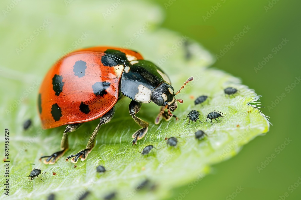 Fototapeta premium Close-up of a ladybug showing its bright colors and intricate patterns. Beautiful simple AI generated image in 4K, unique.