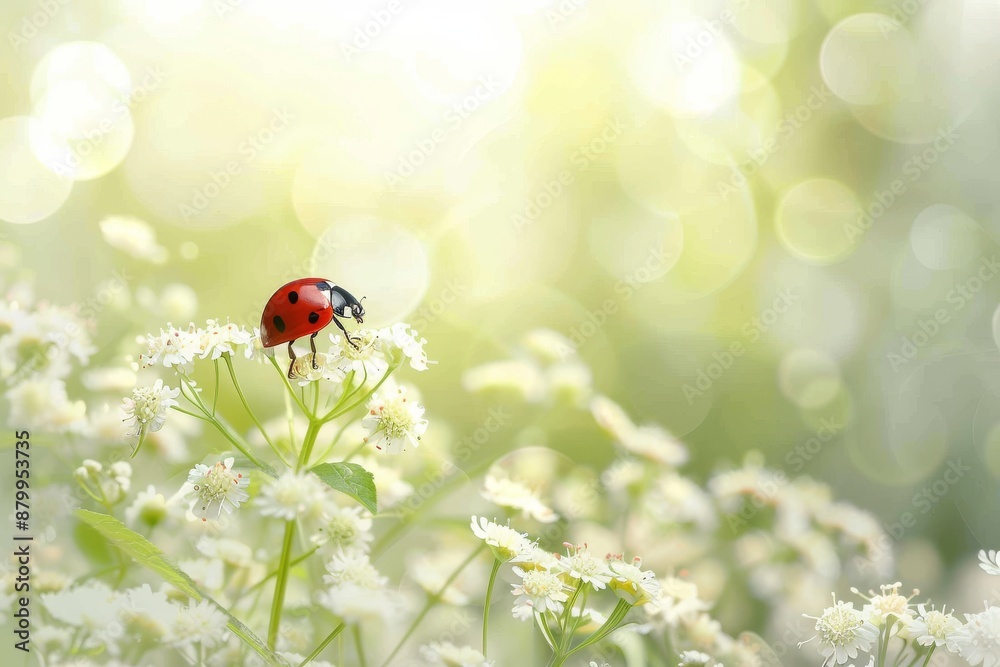 Fototapeta premium A ladybug perches on a plant with red-and-black spotted legs. Beautiful simple AI generated image in 4K, unique.