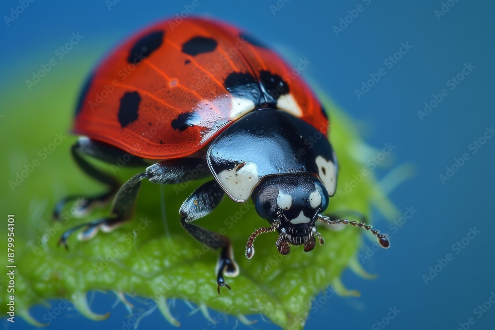Naklejka premium Ladybug on a Dew-Covered Leaf in a Dreamy Green Garden. Beautiful simple AI generated image in 4K, unique.