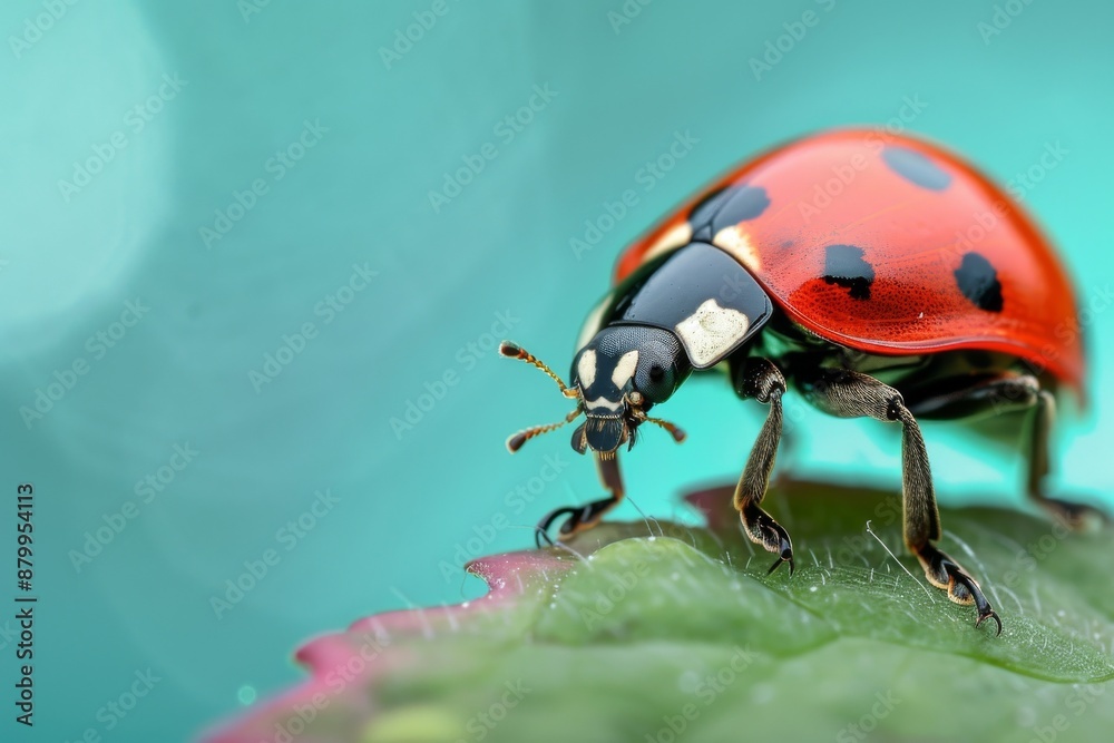 Naklejka premium Ladybug on a Dew-Covered Leaf in a Dreamy Green Garden. Beautiful simple AI generated image in 4K, unique.