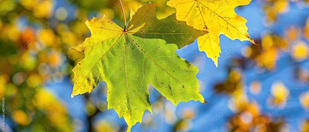 A close-up of a blue leaf on a yellow leaf-covered tree against a blue sky A close-up of a blue leaf on a yellow leaf-covered tree against a blue sky