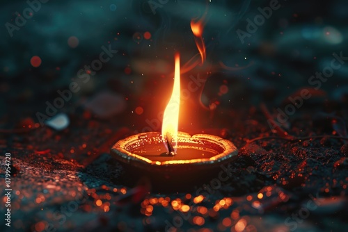 Candle is lit in small bowl on dark surface