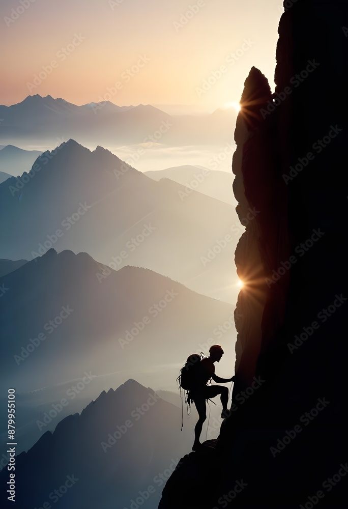 Fototapeta premium silhouette of climber climbing high cliffs, mountain layers and sunset view background 