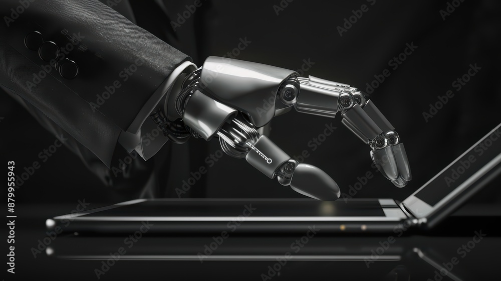 Fototapeta premium A stylish image of a robotic hand, dressed in a bespoke suit and tie, poised over a sleek, modern tablet