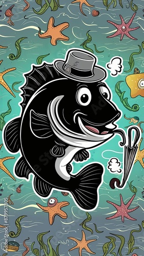 An exuberant and whimsical cartoon illustration of a black bass fish Generative AI
