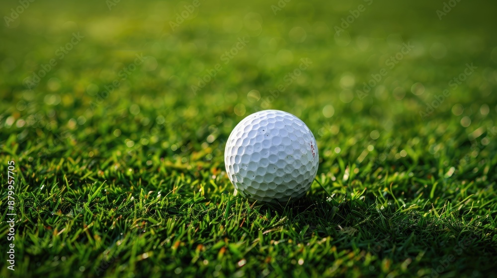 Golf ball prepared for play on green grass of golf course Golf ball prepared for play on green grass of golf course