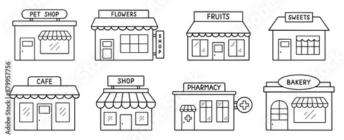 Shops and stores doodle icon set. Ecommerce market, retail shop, bakery, sweets, pharmacy in sketch style. Hand drawn vector illustration isolated on white background