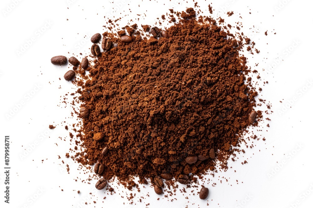 A pile of coffee beans and ground on a white surface, great for food or home decor use A pile of coffee beans and ground on a white surface, great for food or home decor use