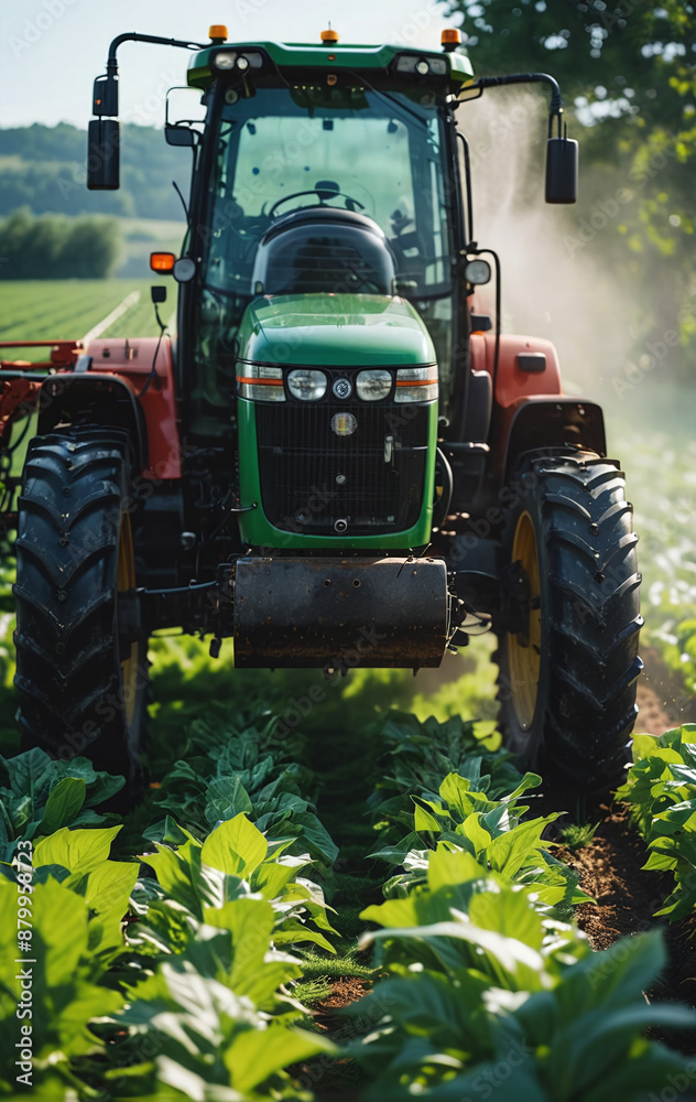 Obraz premium A tractor for tilling the field stands on an agricultural field during the growing season to work the soil and care for the crops