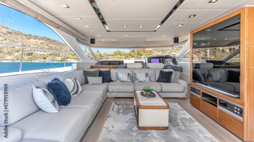 Luxurious yacht interior with plush seating and modern design, comfort and elegance concept