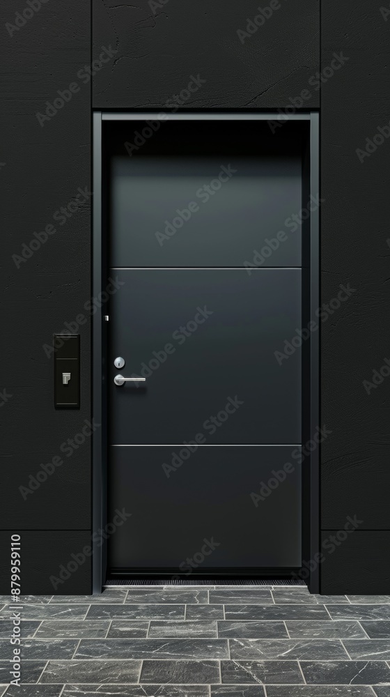 Modern black door with sleek design in a minimalistic exterior modern architecture concept, showroom on website Modern black door with sleek design in a minimalistic exterior modern architecture concept, showroom on website