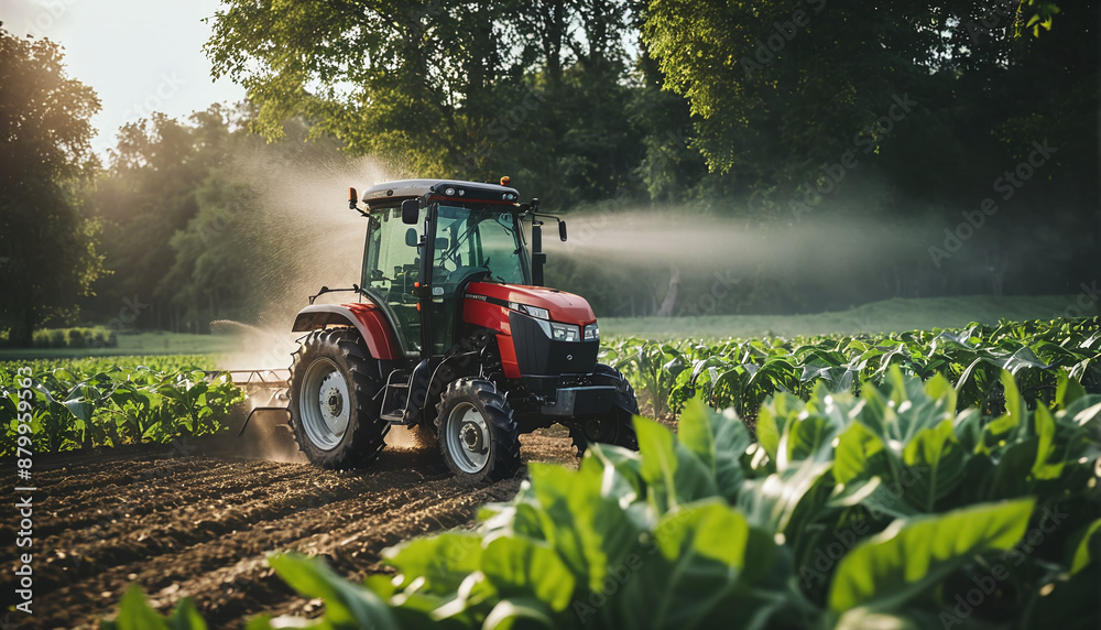 A tractor for tilling the field stands on an agricultural field during the growing season to work the soil and care for the crops A tractor for tilling the field stands on an agricultural field during the growing season to work the soil and care for the crops