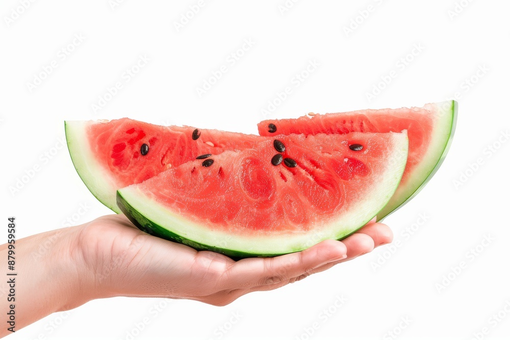 A group of watermelon slices sit on a pink-orange backdrop, with water droplets present. Beautiful simple AI generated image in 4K, unique. A group of watermelon slices sit on a pink-orange backdrop, with water droplets present. Beautiful simple AI generated image in 4K, unique.