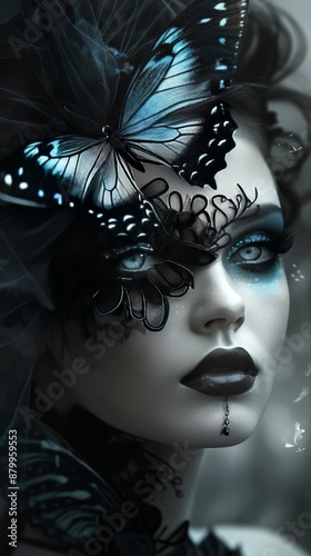 Mystical woman with blue butterflies on her face, fantasy art concept