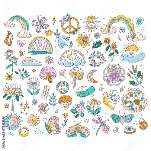 Vector set of one line simple elements. Groovy spring nature inspired theme with frog, flowers, butterflies, mushrooms, rainbow. Line art isolated on background