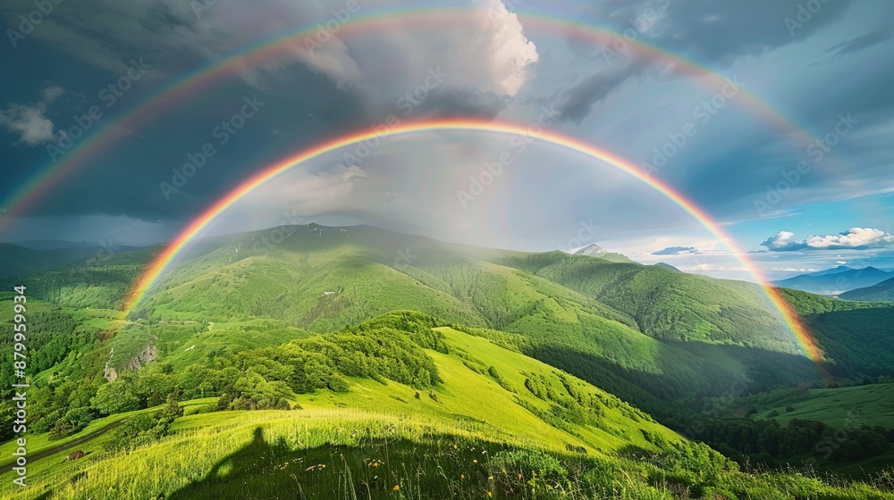 Serene Beauty: Stunning Double Rainbow Over Lush Green Valley