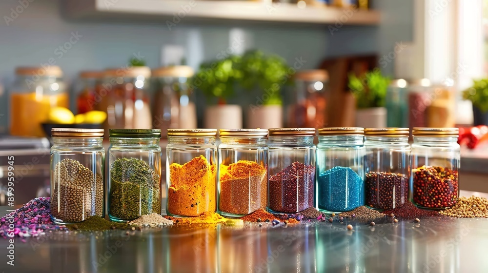 Rainbow Gradient of Colorful Spices in Glass Jars on Kitchen Counter Rainbow Gradient of Colorful Spices in Glass Jars on Kitchen Counter