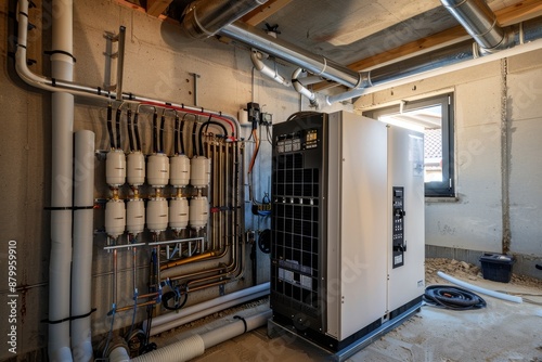 Modern boiler room with water pump and pipes for heating system, industrial equipment concept