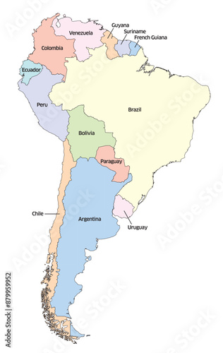 Editable vector file of South America in various colors with labeled countries