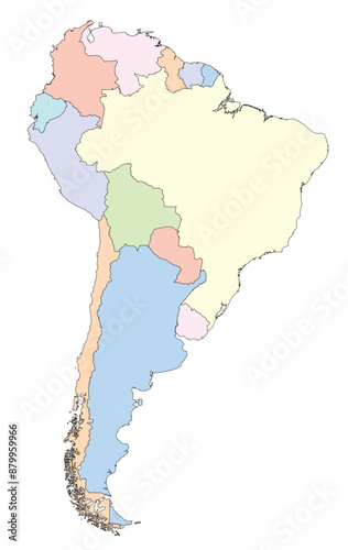 Editable vector file of South America in various colors.
