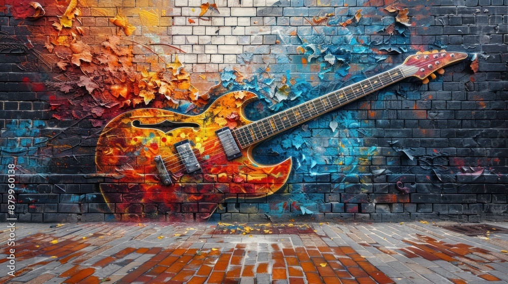 Obraz premium Electric Guitar Mural on Brick Wall