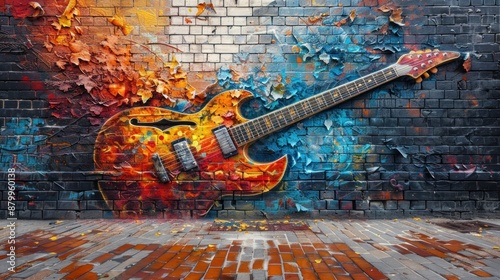 Electric Guitar Mural on Brick Wall