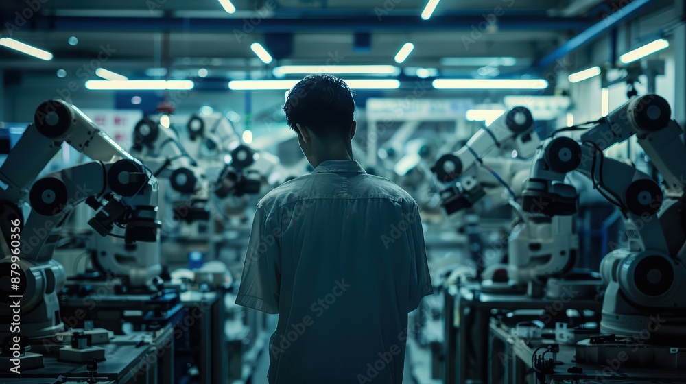 A worker in a factory surrounded by automated machines A worker in a factory surrounded by automated machines