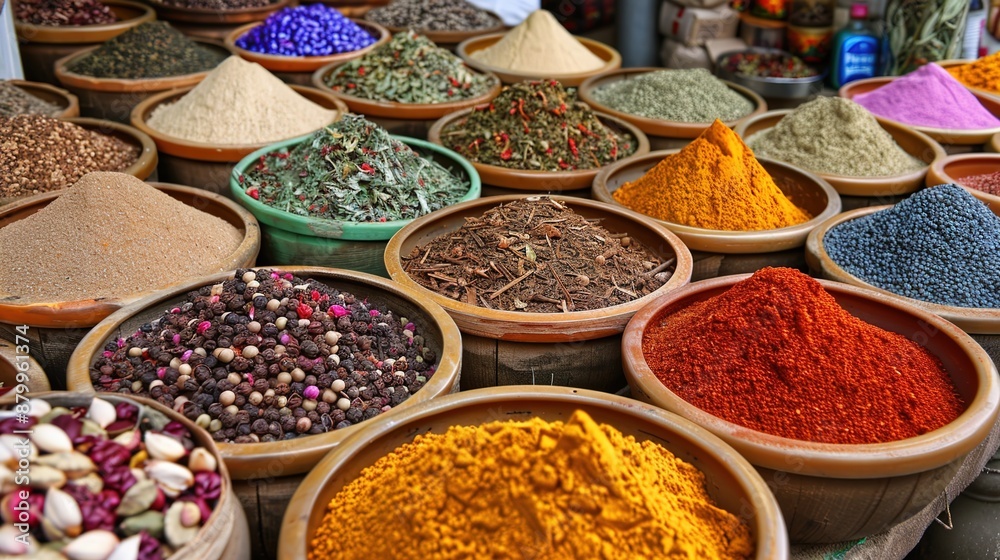 Vibrant Array of Spices and Herbs at a Market Stall Offering Diverse Textures and Flavors Vibrant Array of Spices and Herbs at a Market Stall Offering Diverse Textures and Flavors