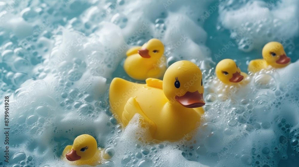 Rubber duck and ducklings swimming in foam from above Rubber duck and ducklings swimming in foam from above