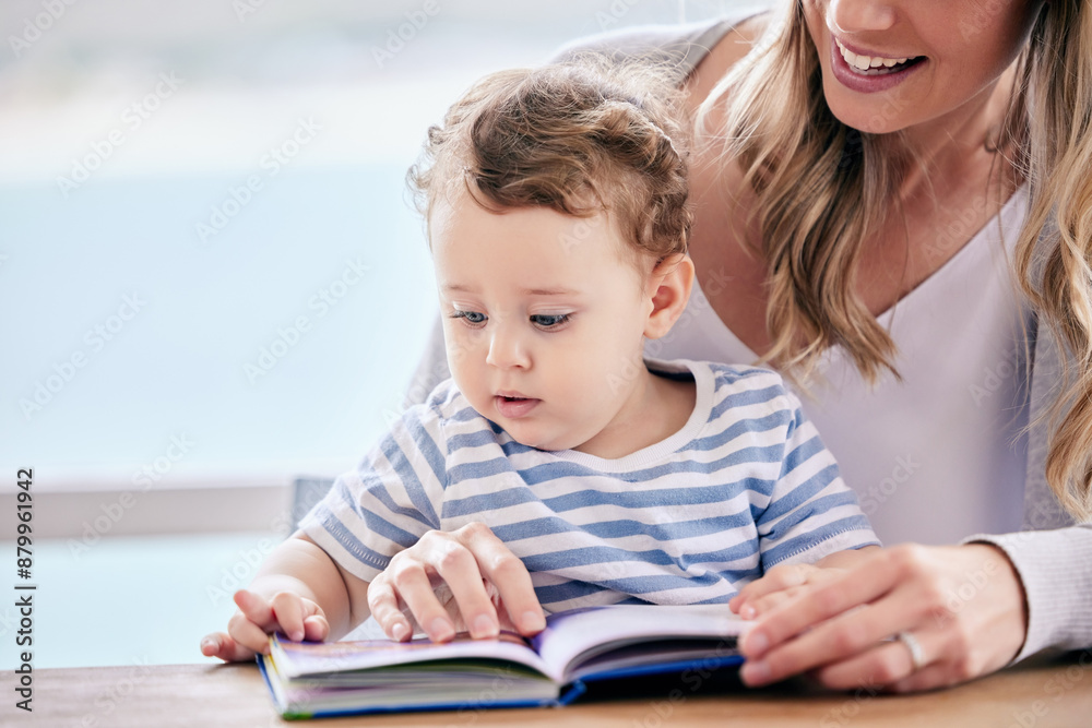 Mother, baby and reading book for fiction in home, literacy and learning abc for language development. Mama, son and parent for fairytale or together for storytelling at table, love and bonding Mother, baby and reading book for fiction in home, literacy and learning abc for language development. Mama, son and parent for fairytale or together for storytelling at table, love and bonding