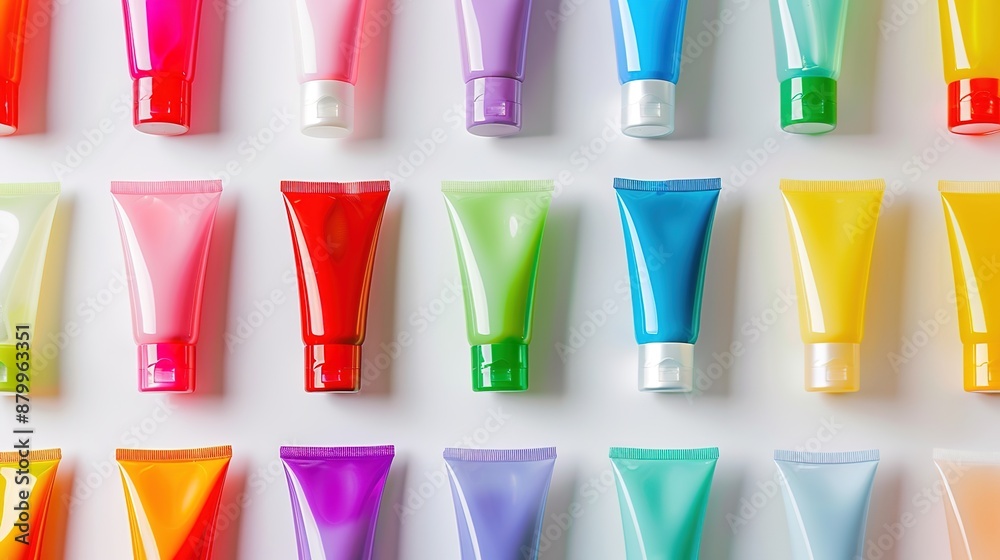 Vibrant Array of Colorful Tubes and Bottles of Body Lotion on White Background Vibrant Array of Colorful Tubes and Bottles of Body Lotion on White Background