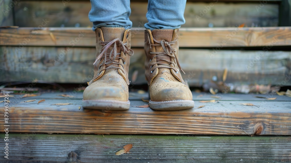 Ascending Steps of Personal Growth - Close-up of Feet on Wooden Staircase Ascending Steps of Personal Growth - Close-up of Feet on Wooden Staircase