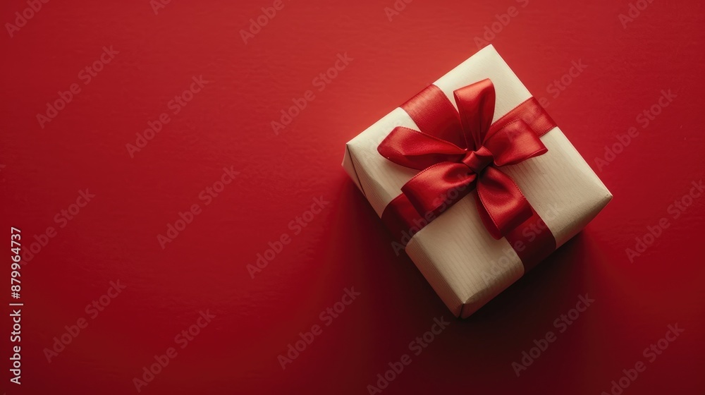 Small white gift with red ribbon on red background Small white gift with red ribbon on red background