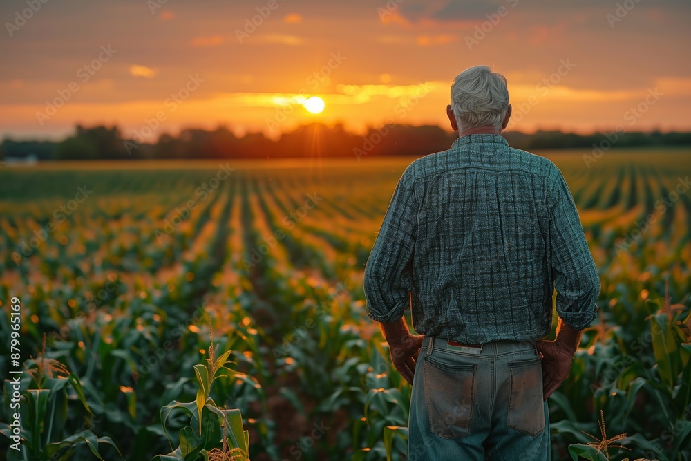 Fototapeta premium Senior Farmer Inspecting Corn Field at Sunset
