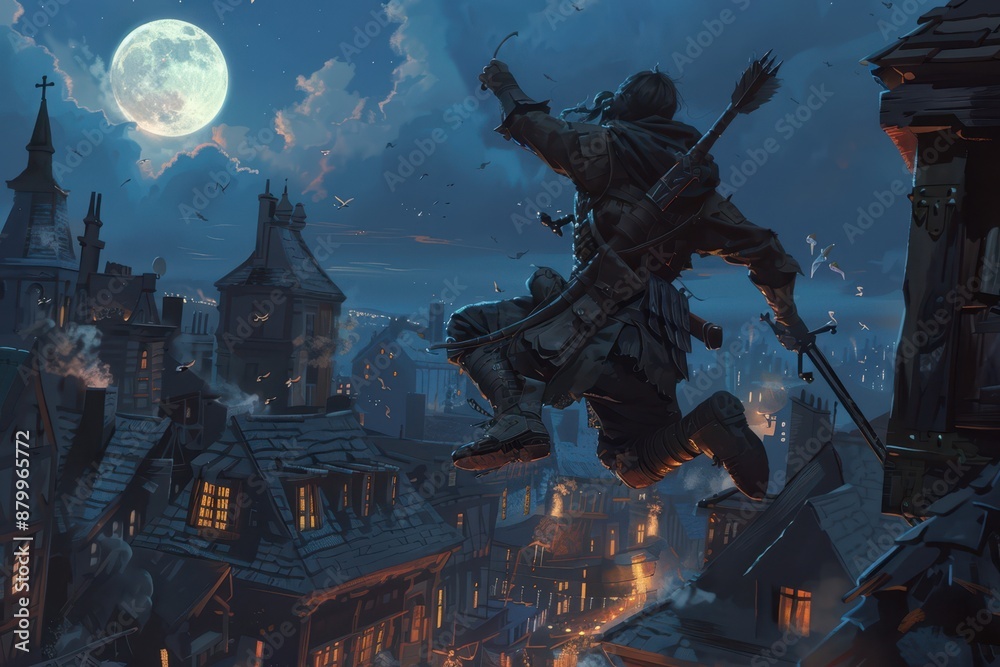 Obraz premium Agile hunter leaping across ancient rooftops under the full moon's glow