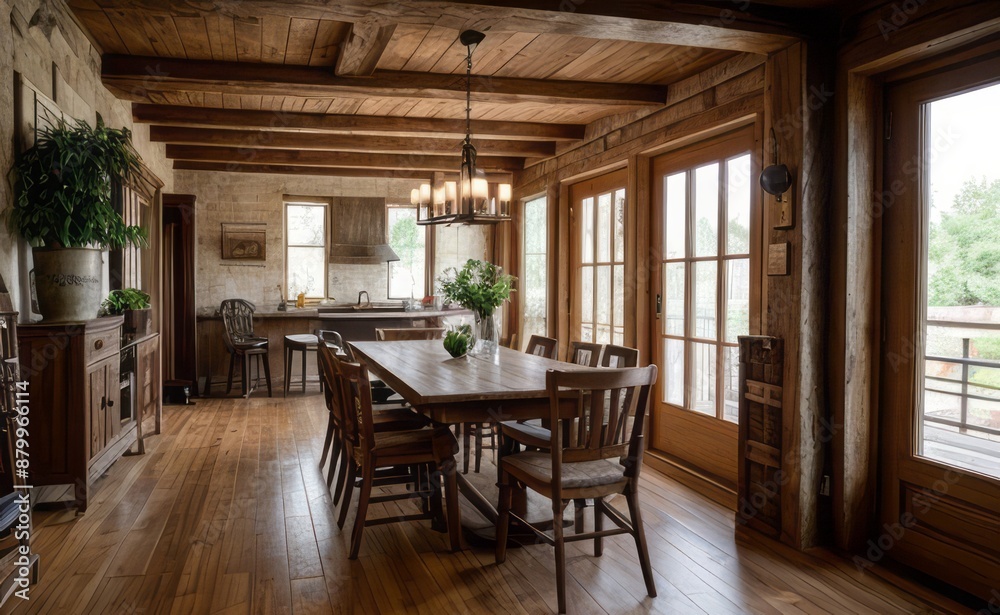 Cozy rustic farmhouse dining room with wooden beams, vintage furniture, and potted herbs Cozy rustic farmhouse dining room with wooden beams, vintage furniture, and potted herbs