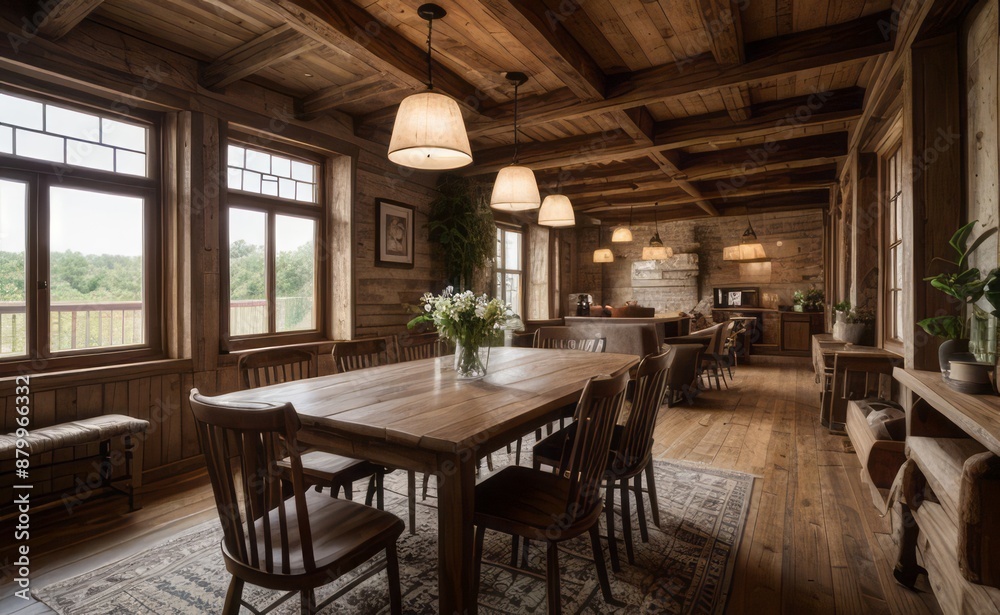 Cozy rustic farmhouse dining room with wooden beams, vintage furniture, and potted herbs Cozy rustic farmhouse dining room with wooden beams, vintage furniture, and potted herbs
