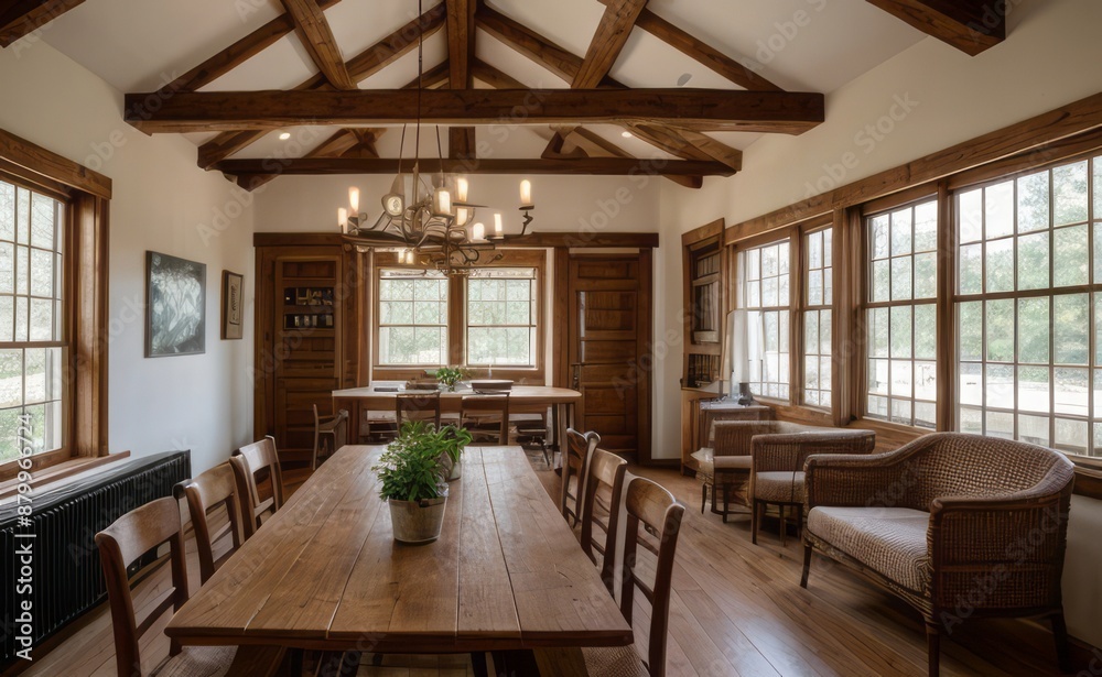 Fototapeta premium Cozy rustic farmhouse dining room with wooden beams, vintage furniture, and potted herbs