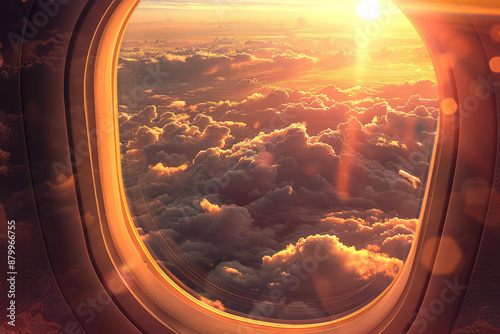 View of a stunning sunset through an airplane window with vibrant clouds illuminated by the golden light © AnNew