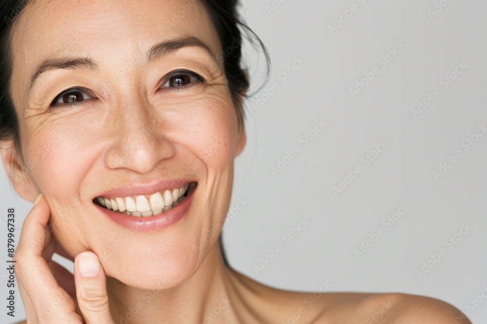 Skincare with beautiful Japanese Korean woman in her late thirties, with dark hair and wearing a white sleeveless top. Facial treatment, Cosmetology, Spa, Aesthetic, plastic surgery Skincare with beautiful Japanese Korean woman in her late thirties, with dark hair and wearing a white sleeveless top. Facial treatment, Cosmetology, Spa, Aesthetic, plastic surgery